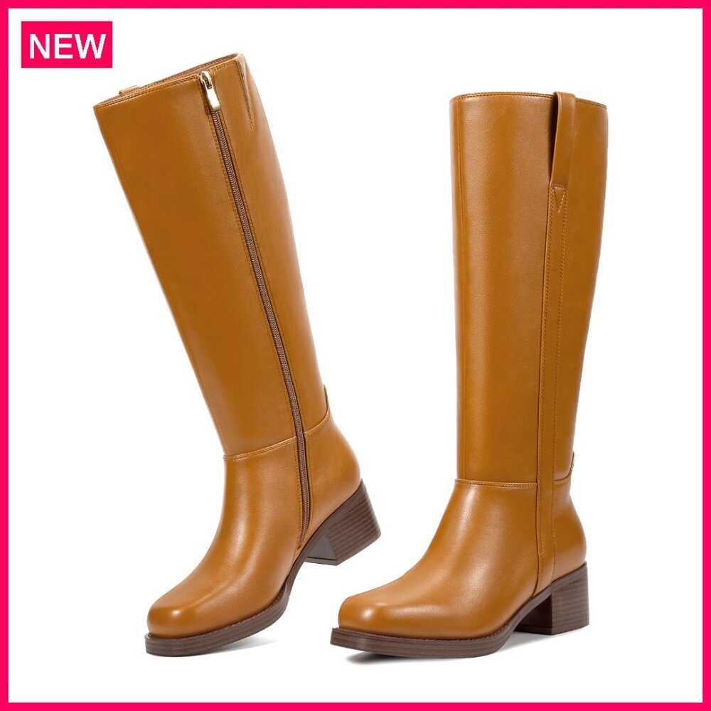 Women's Knee High Boots Platform Chunky Heel Square Toe Zipper Riding Boots